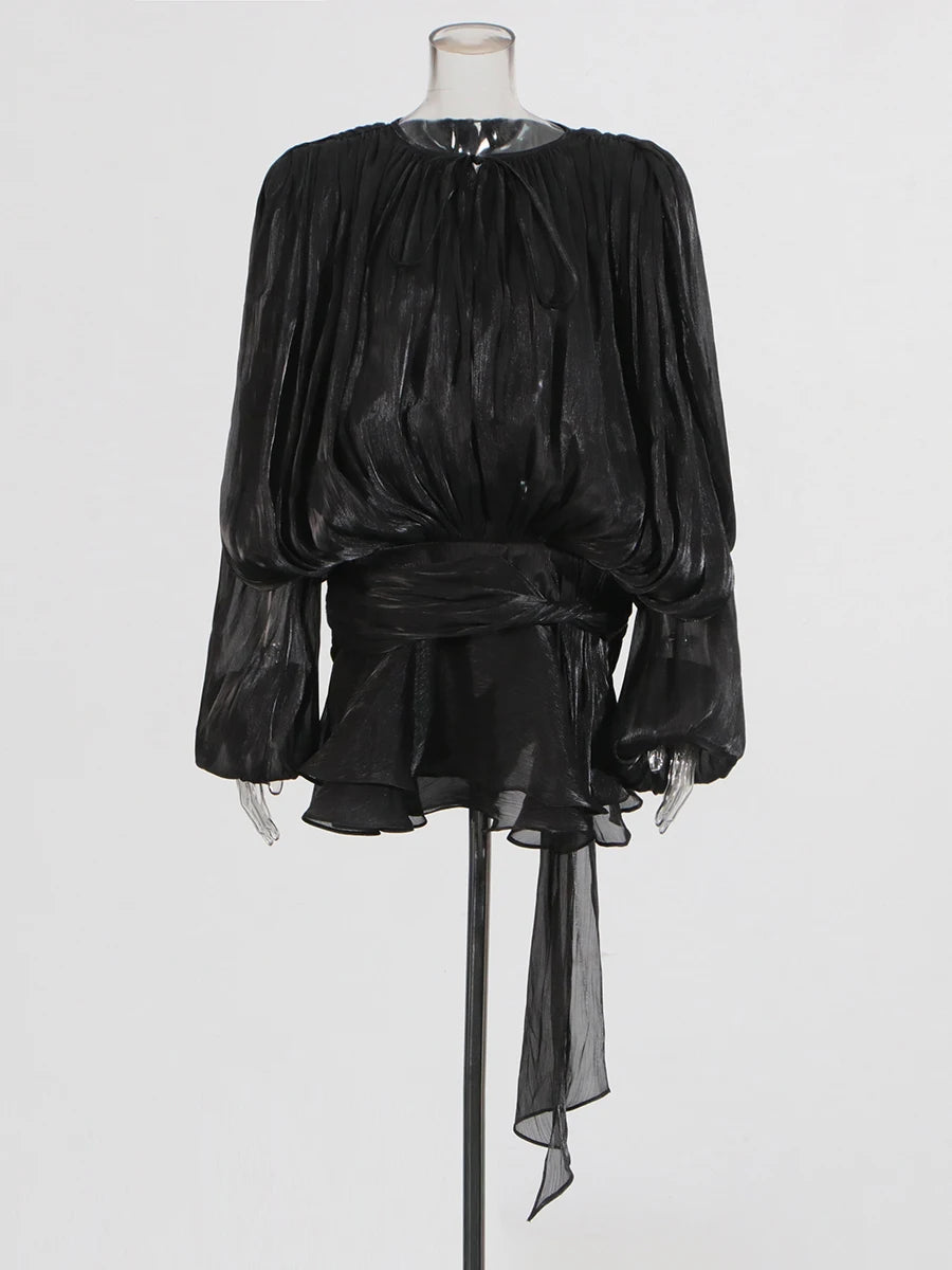 ELEGANT RUCHED MINI DRESS WITH LANTERN SLEEVES