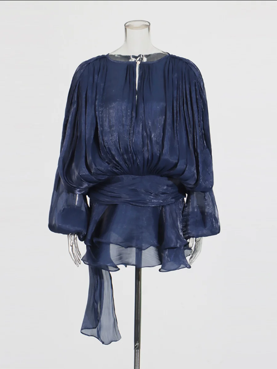 ELEGANT RUCHED MINI DRESS WITH LANTERN SLEEVES