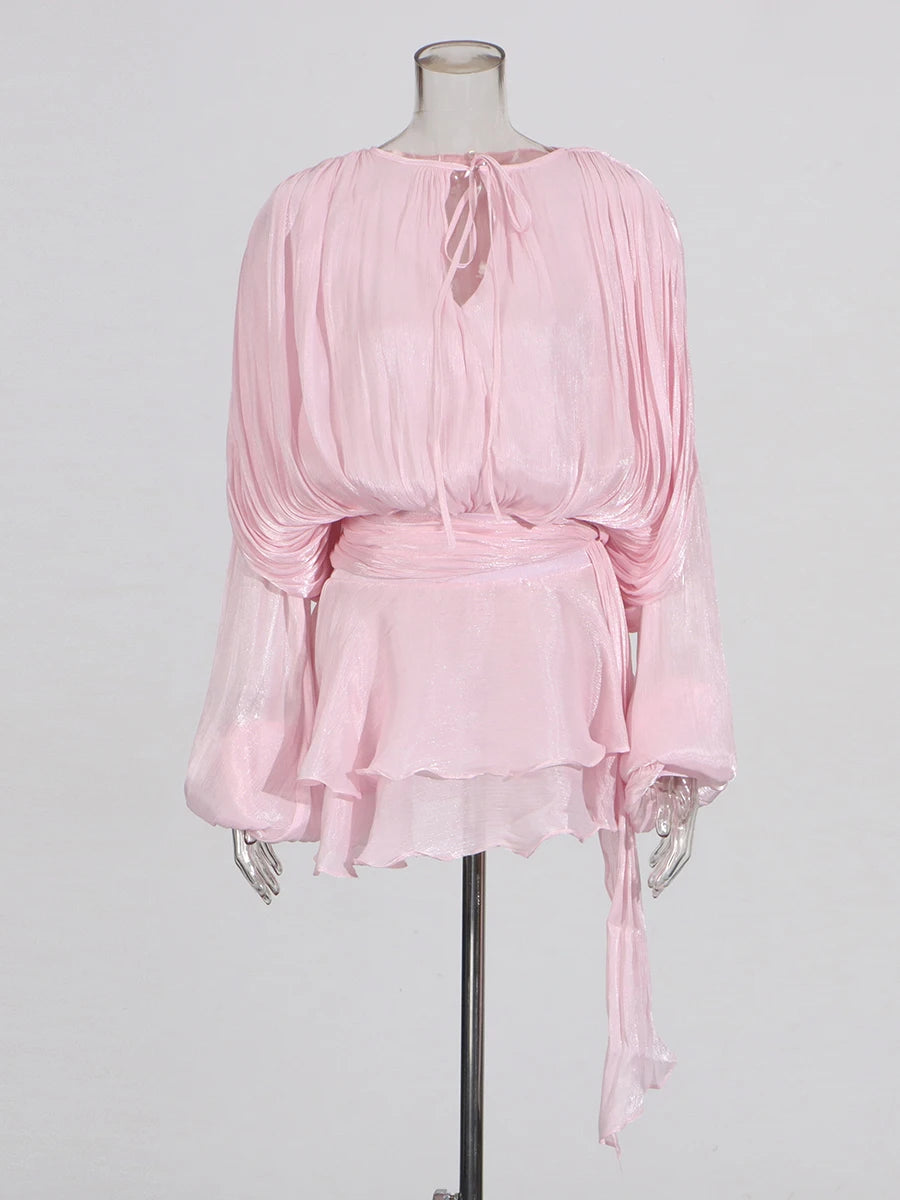 ELEGANT RUCHED MINI DRESS WITH LANTERN SLEEVES