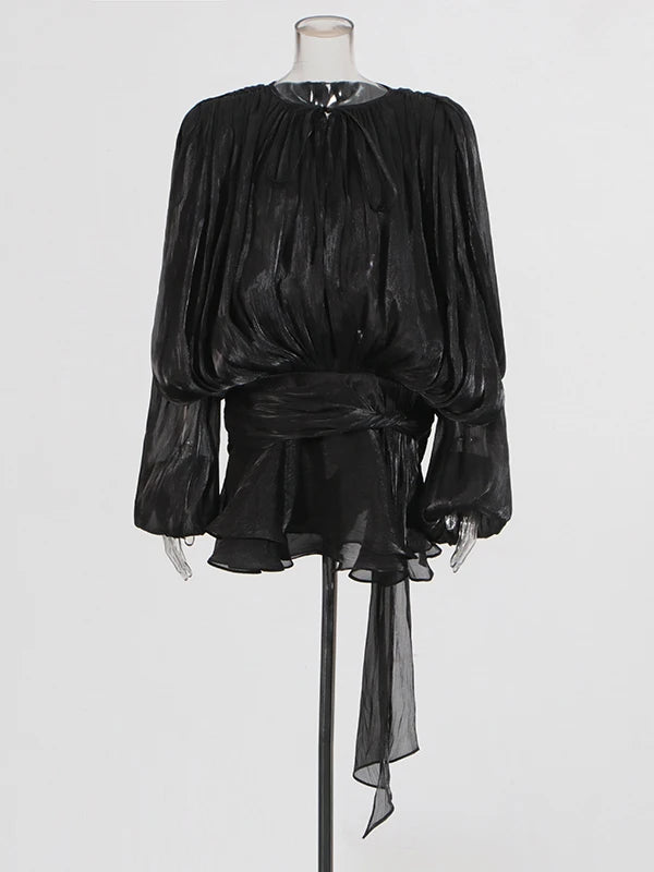 ELEGANT RUCHED MINI DRESS WITH LANTERN SLEEVES