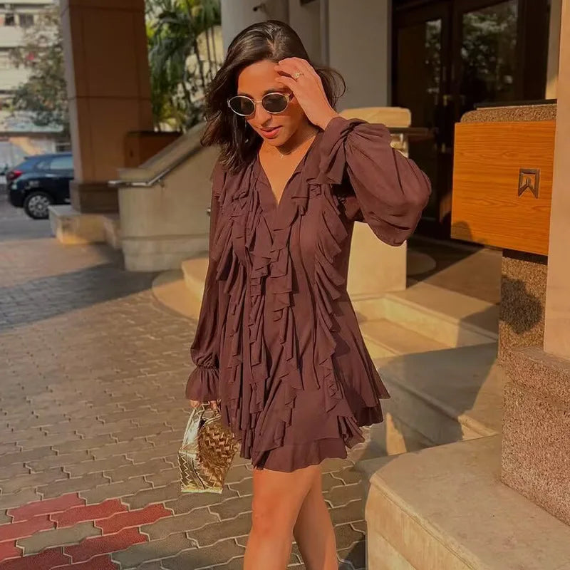 CHIC BOHO PLEATED BROWN SHORT DRESS