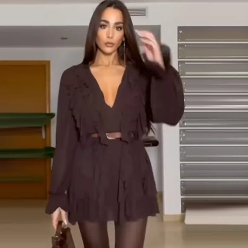 CHIC BOHO PLEATED BROWN SHORT DRESS