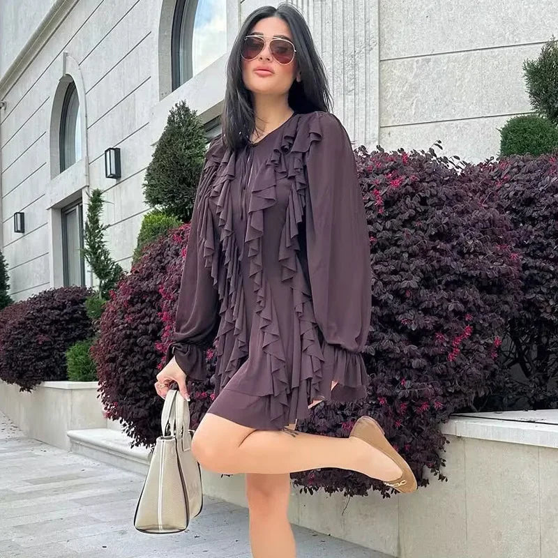 CHIC BOHO PLEATED BROWN SHORT DRESS