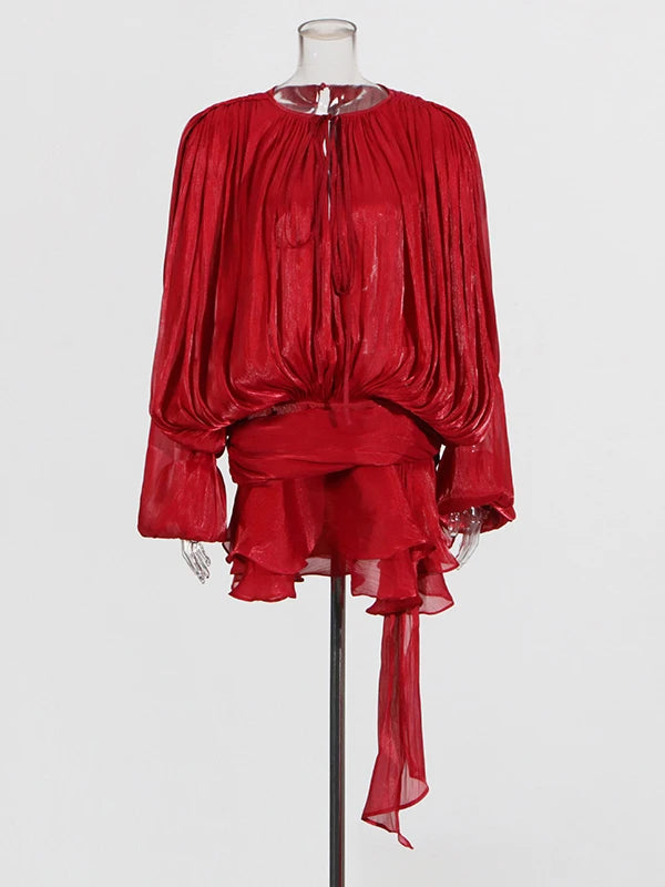 ELEGANT RUCHED MINI DRESS WITH LANTERN SLEEVES
