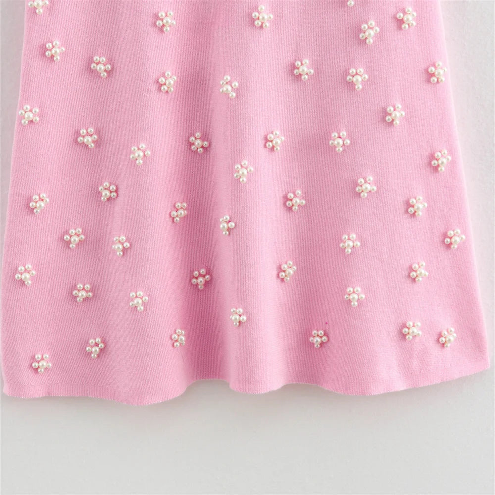 KNITTED STRAPPY MINI DRESS WITH PEARL DETAILS