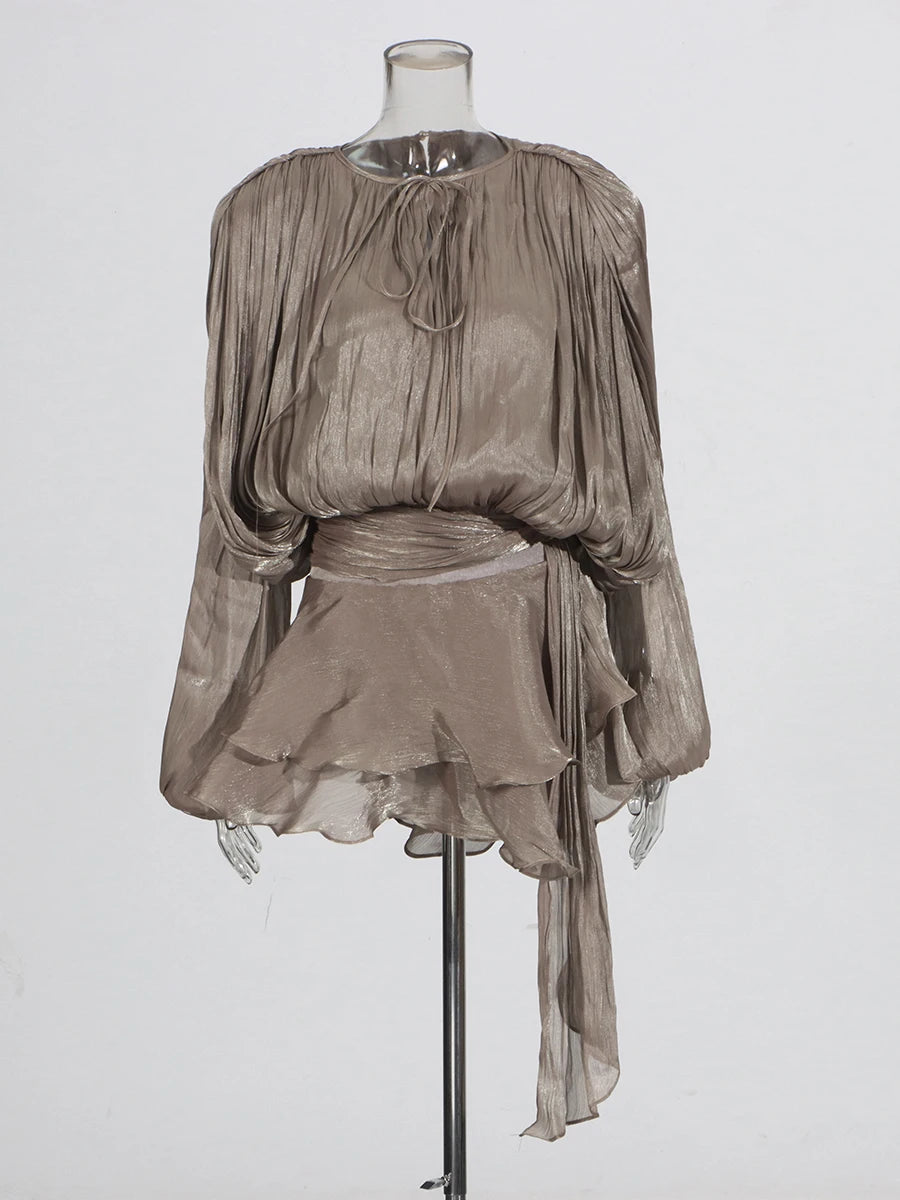 ELEGANT RUCHED MINI DRESS WITH LANTERN SLEEVES