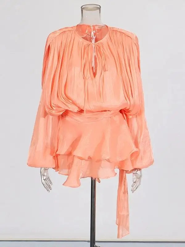 ELEGANT RUCHED MINI DRESS WITH LANTERN SLEEVES