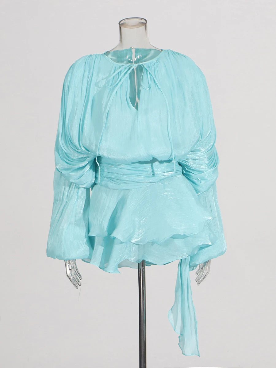 ELEGANT RUCHED MINI DRESS WITH LANTERN SLEEVES