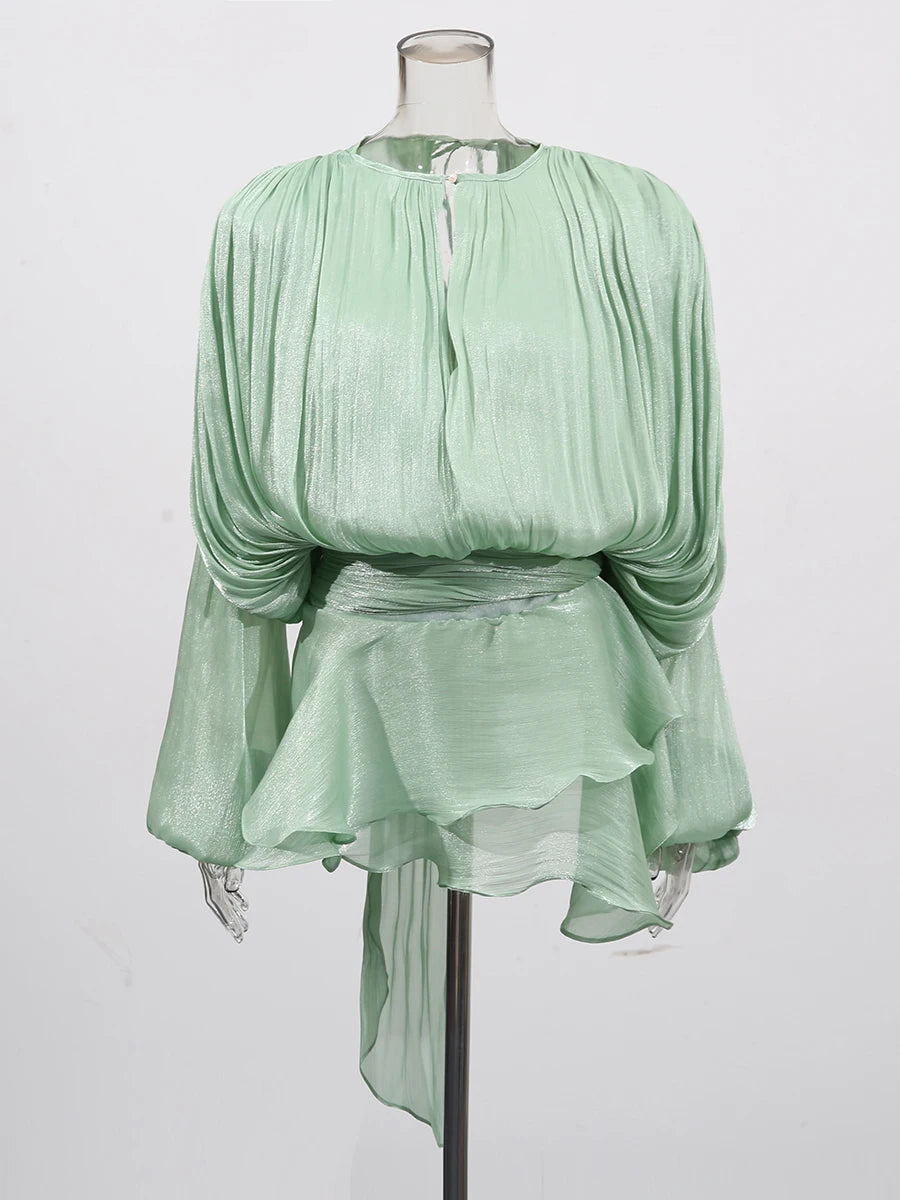 ELEGANT RUCHED MINI DRESS WITH LANTERN SLEEVES