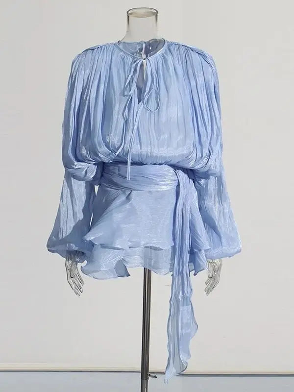 ELEGANT RUCHED MINI DRESS WITH LANTERN SLEEVES