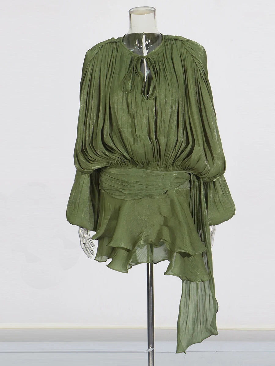 ELEGANT RUCHED MINI DRESS WITH LANTERN SLEEVES