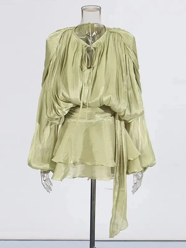 ELEGANT RUCHED MINI DRESS WITH LANTERN SLEEVES
