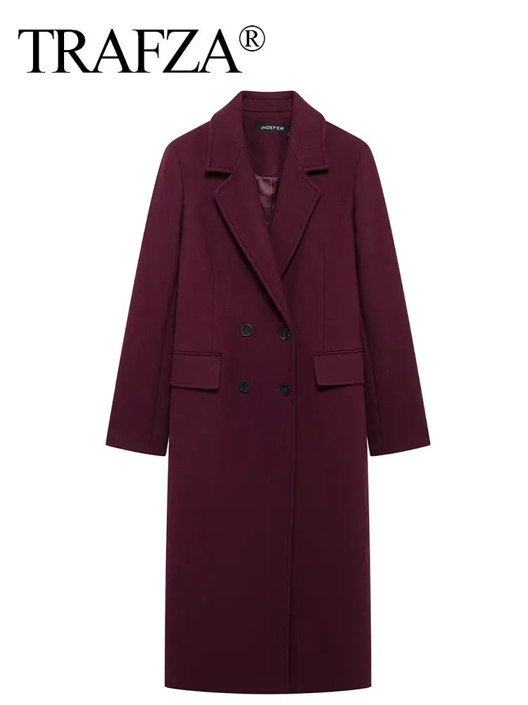 BURGUNDY WOOL-BLEND DOUBLE-BREASTED COAT