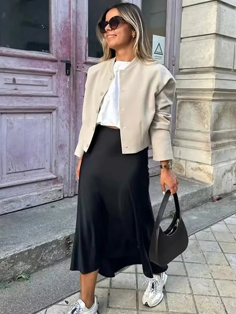 SATIN HIGH-WAIST MIDI SKIRT