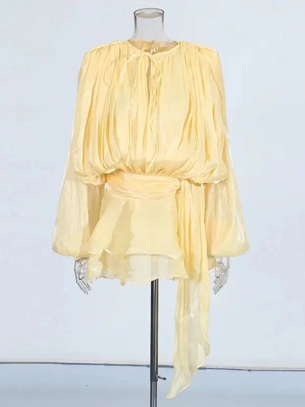 ELEGANT RUCHED MINI DRESS WITH LANTERN SLEEVES