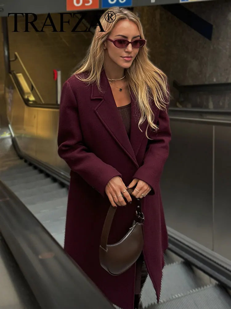 BURGUNDY WOOL-BLEND DOUBLE-BREASTED COAT