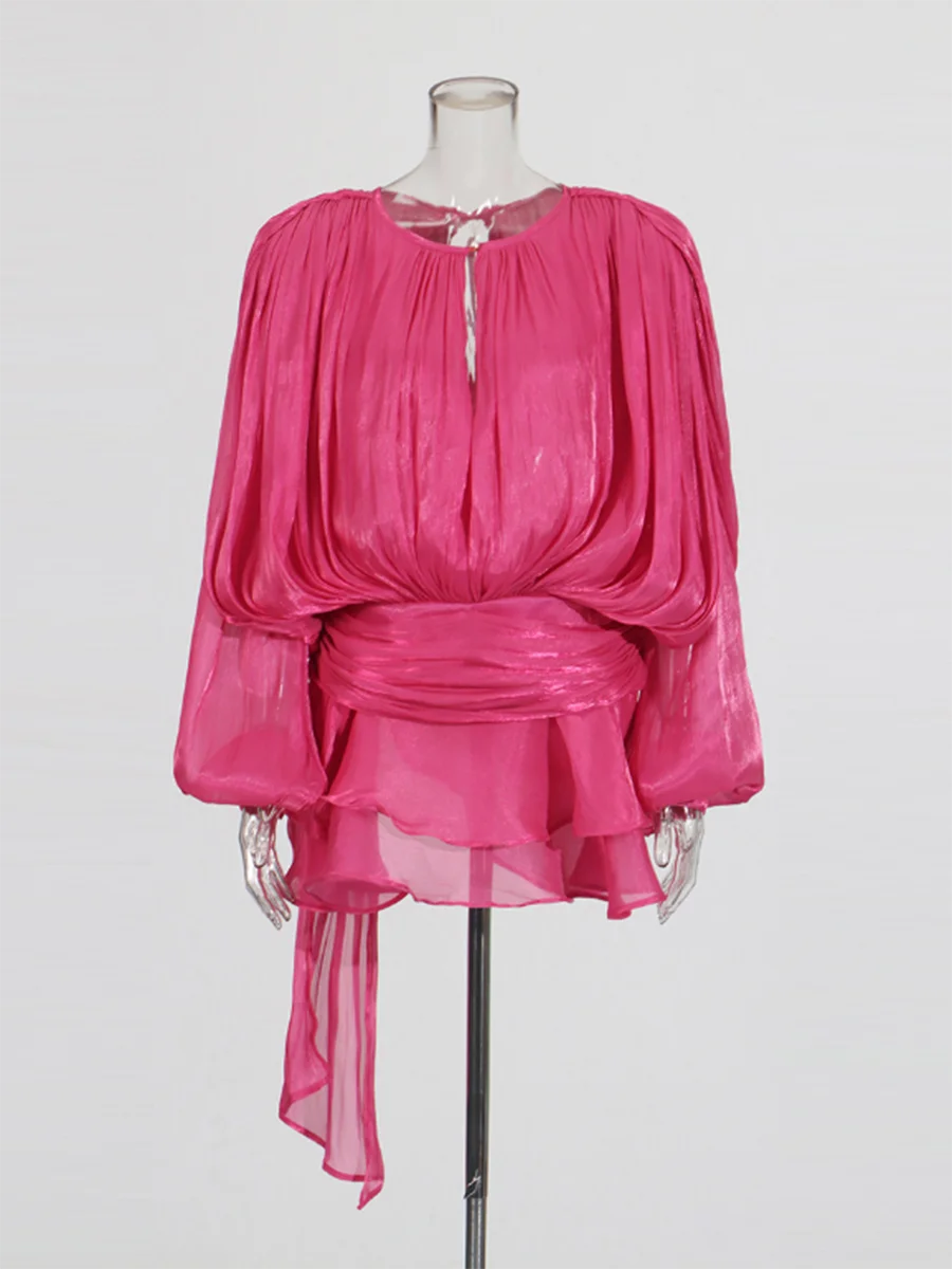 ELEGANT RUCHED MINI DRESS WITH LANTERN SLEEVES