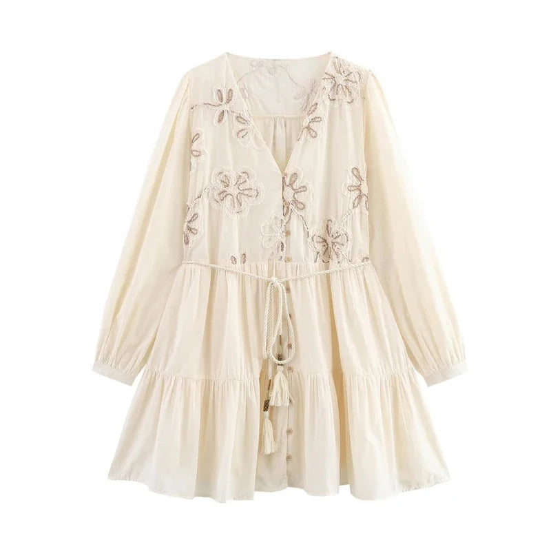 PLEATED FLORAL EMBROIDERED BOHO DRESS