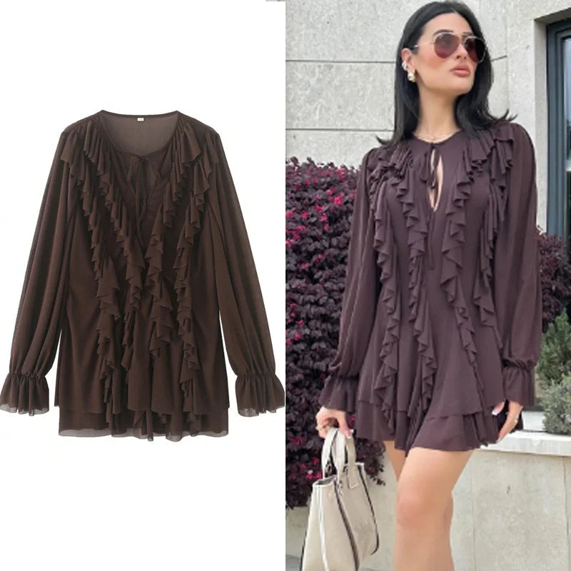 CHIC BOHO PLEATED BROWN SHORT DRESS