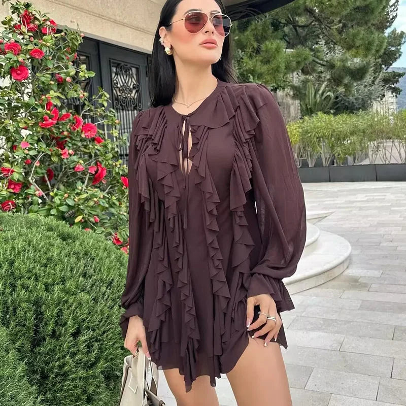 CHIC BOHO PLEATED BROWN SHORT DRESS