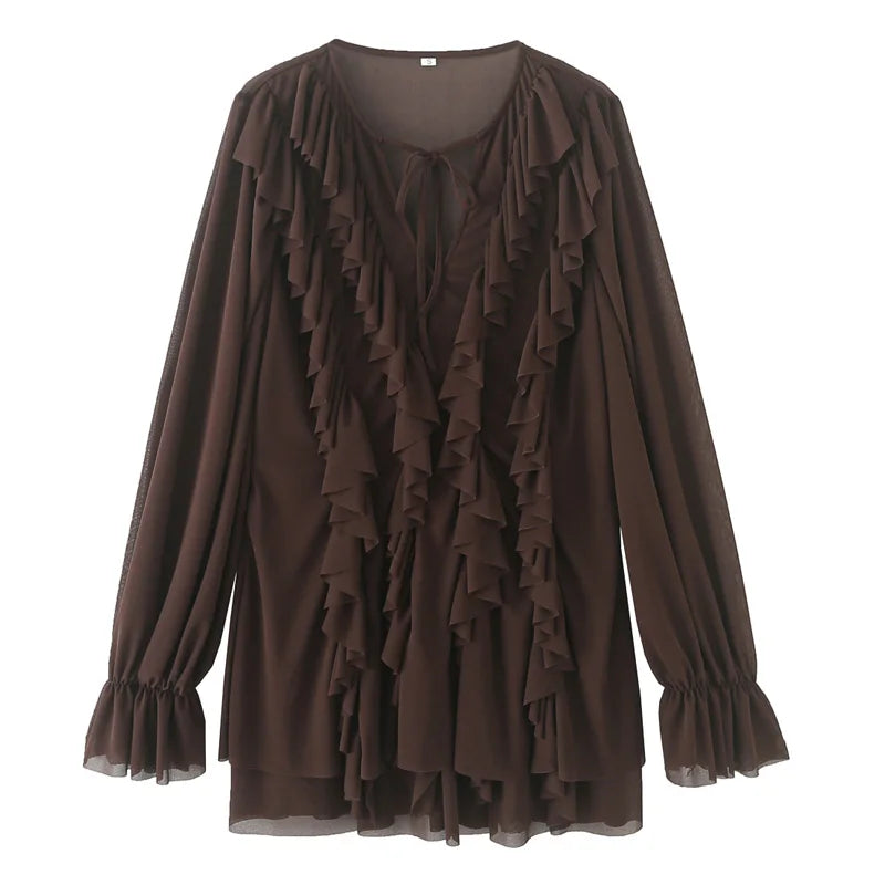 CHIC BOHO PLEATED BROWN SHORT DRESS