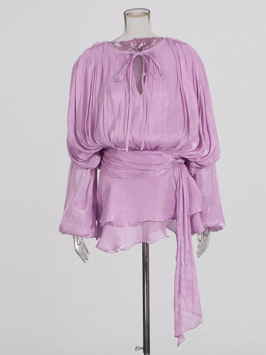ELEGANT RUCHED MINI DRESS WITH LANTERN SLEEVES