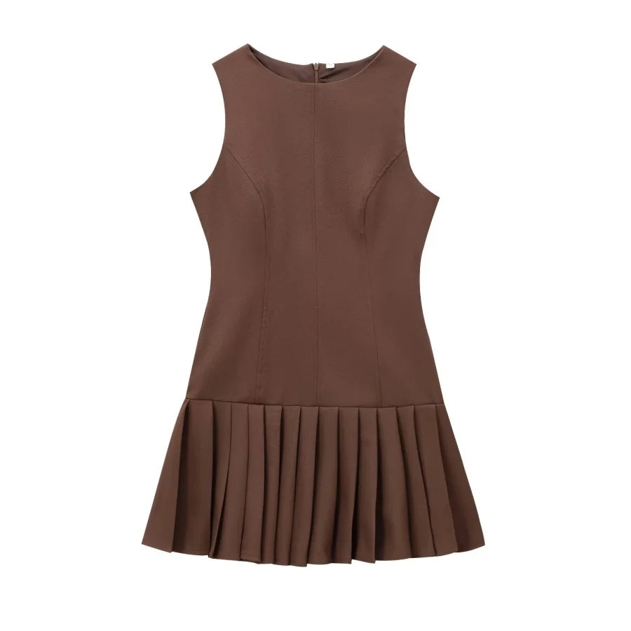 PLEATED BROWN SHORT DRESS
