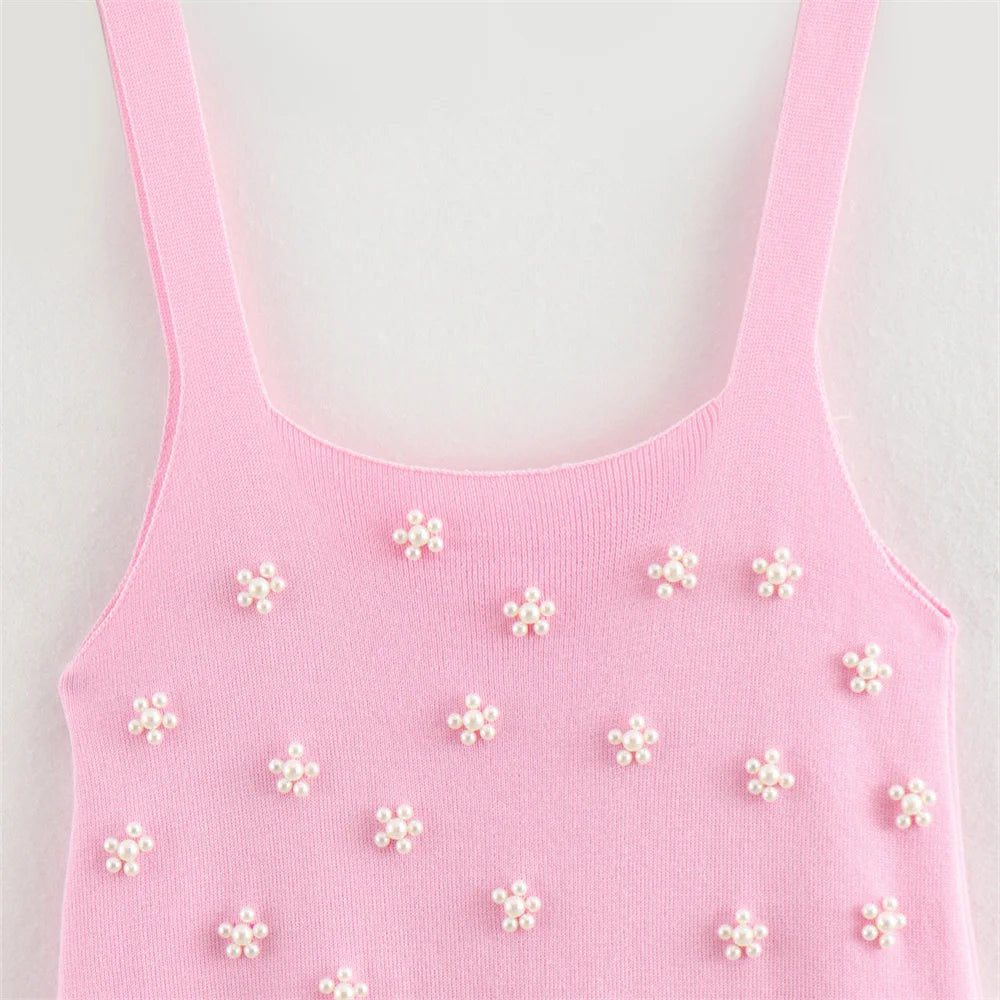 KNITTED STRAPPY MINI DRESS WITH PEARL DETAILS