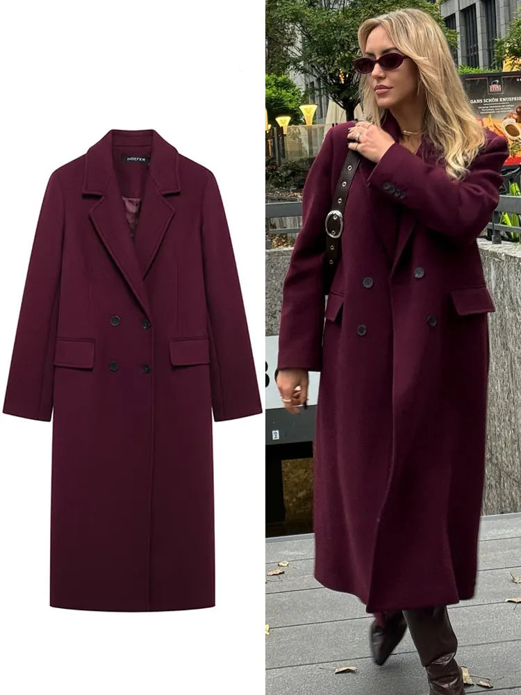 BURGUNDY WOOL-BLEND DOUBLE-BREASTED COAT
