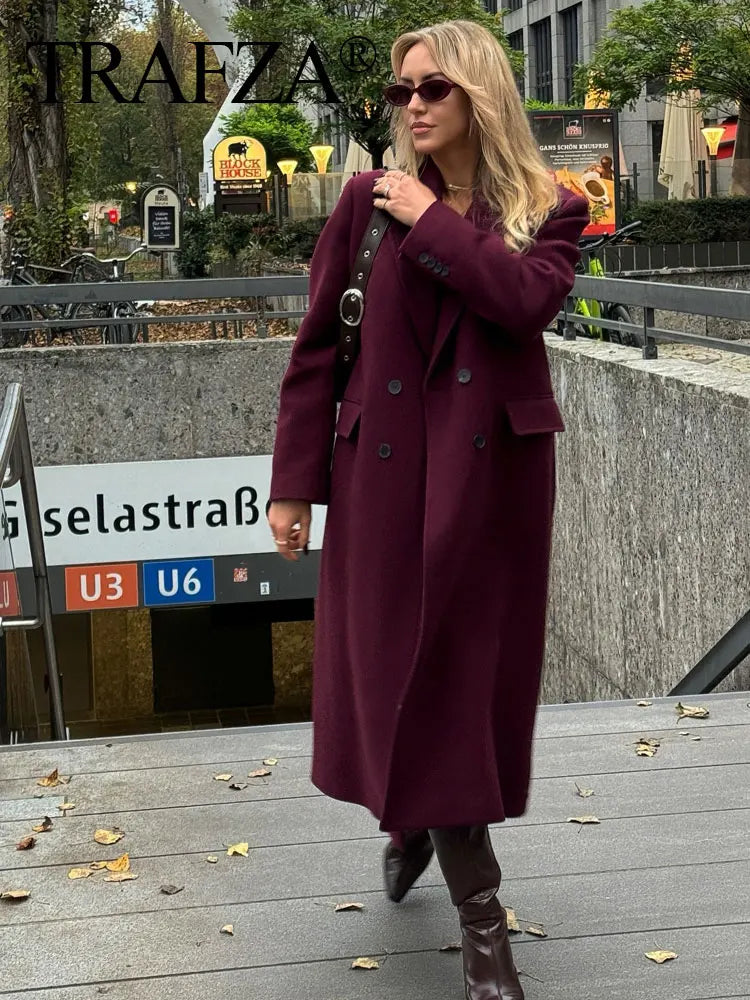 BURGUNDY WOOL-BLEND DOUBLE-BREASTED COAT