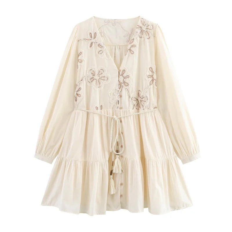 PLEATED FLORAL EMBROIDERED BOHO DRESS
