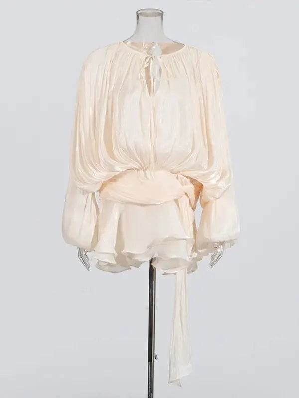ELEGANT RUCHED MINI DRESS WITH LANTERN SLEEVES