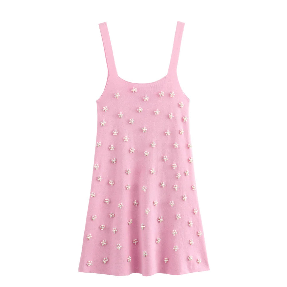 KNITTED STRAPPY MINI DRESS WITH PEARL DETAILS
