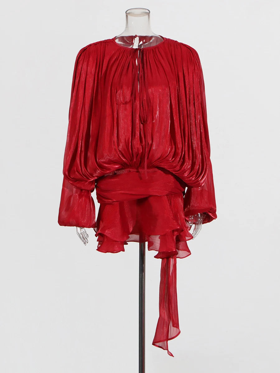 ELEGANT RUCHED MINI DRESS WITH LANTERN SLEEVES