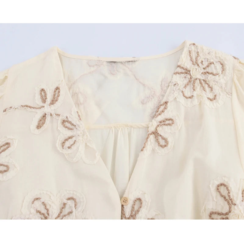 PLEATED FLORAL EMBROIDERED BOHO DRESS