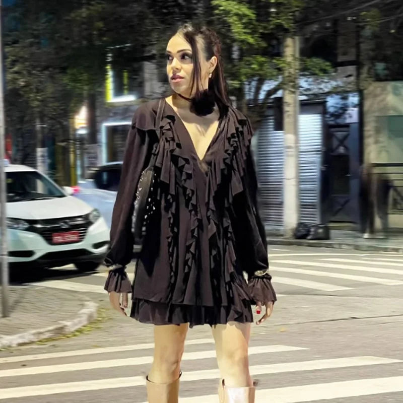 CHIC BOHO PLEATED BROWN SHORT DRESS
