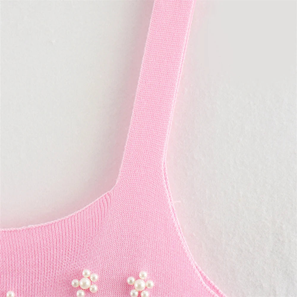 KNITTED STRAPPY MINI DRESS WITH PEARL DETAILS