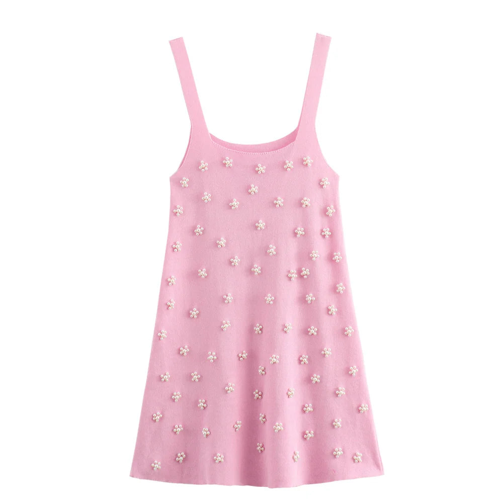 KNITTED STRAPPY MINI DRESS WITH PEARL DETAILS