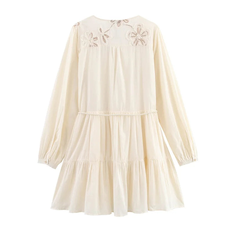 PLEATED FLORAL EMBROIDERED BOHO DRESS